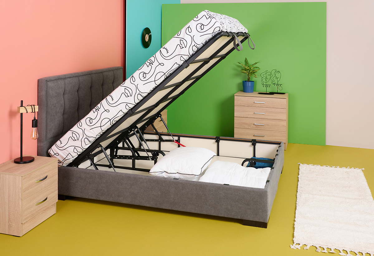 Απεικονίζει Κρεβάτι Διπλό Sleepy Liberta Σκούρο Γκρι με Αποθηκευτικό Χώρο .
